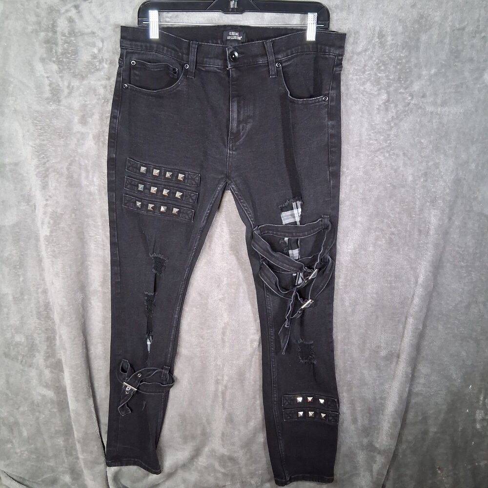 Social Collision Jeans Mens 36x32 Black‎ White Plaid Patches Riped Studed Buckle